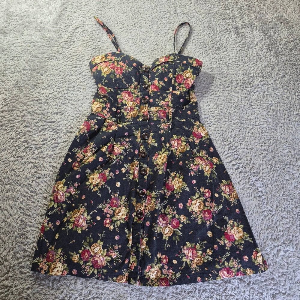 Deb Floral Button Front Sundress DSDR2268‎ Womens Large Black Cottagecore Boho